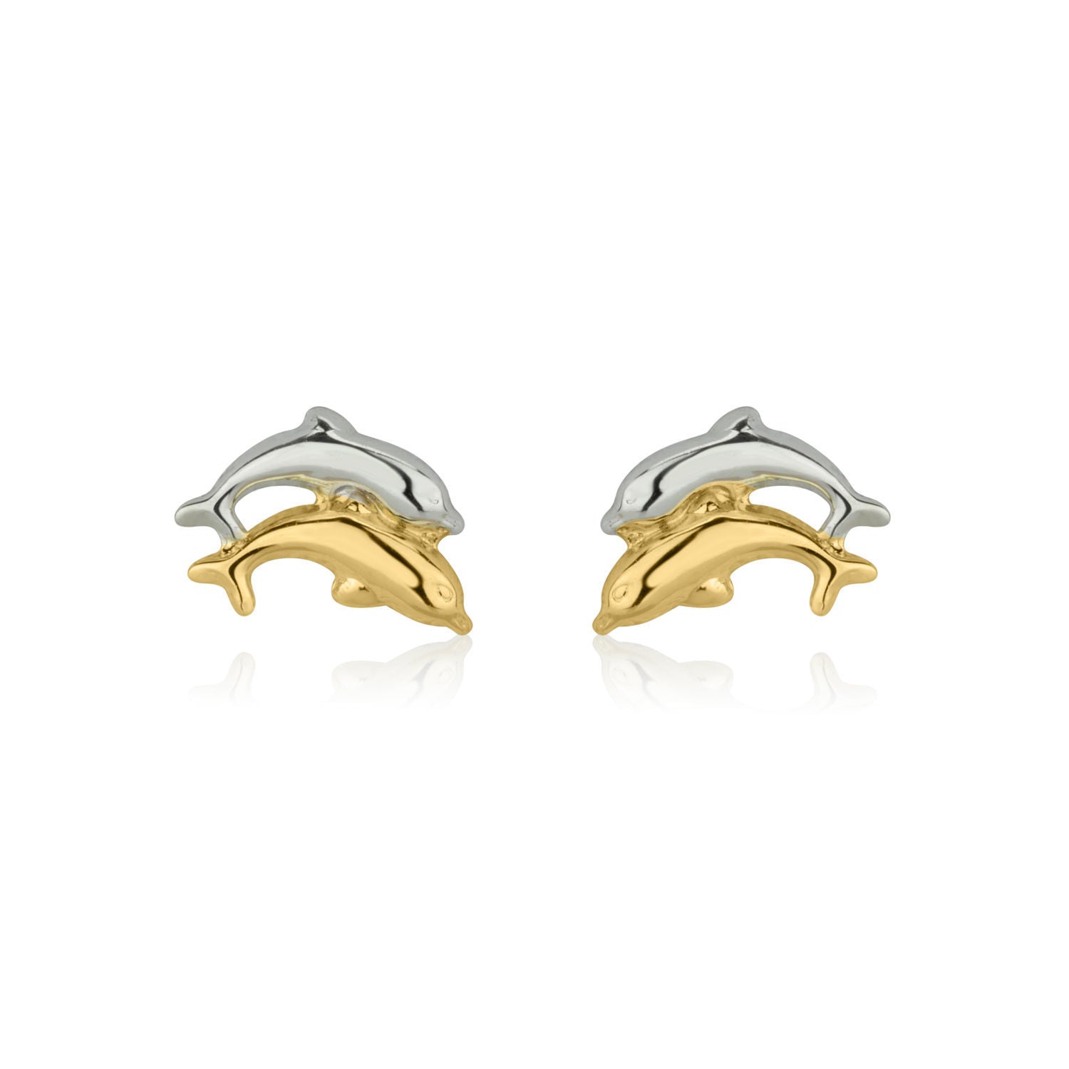 עגילים צמודים מזהב צהוב ולבן 14 קראט - דולפינים מזנקים עגילים צמודים מזהב צהוב ולבן 14 קראט - דולפינים מזנקים