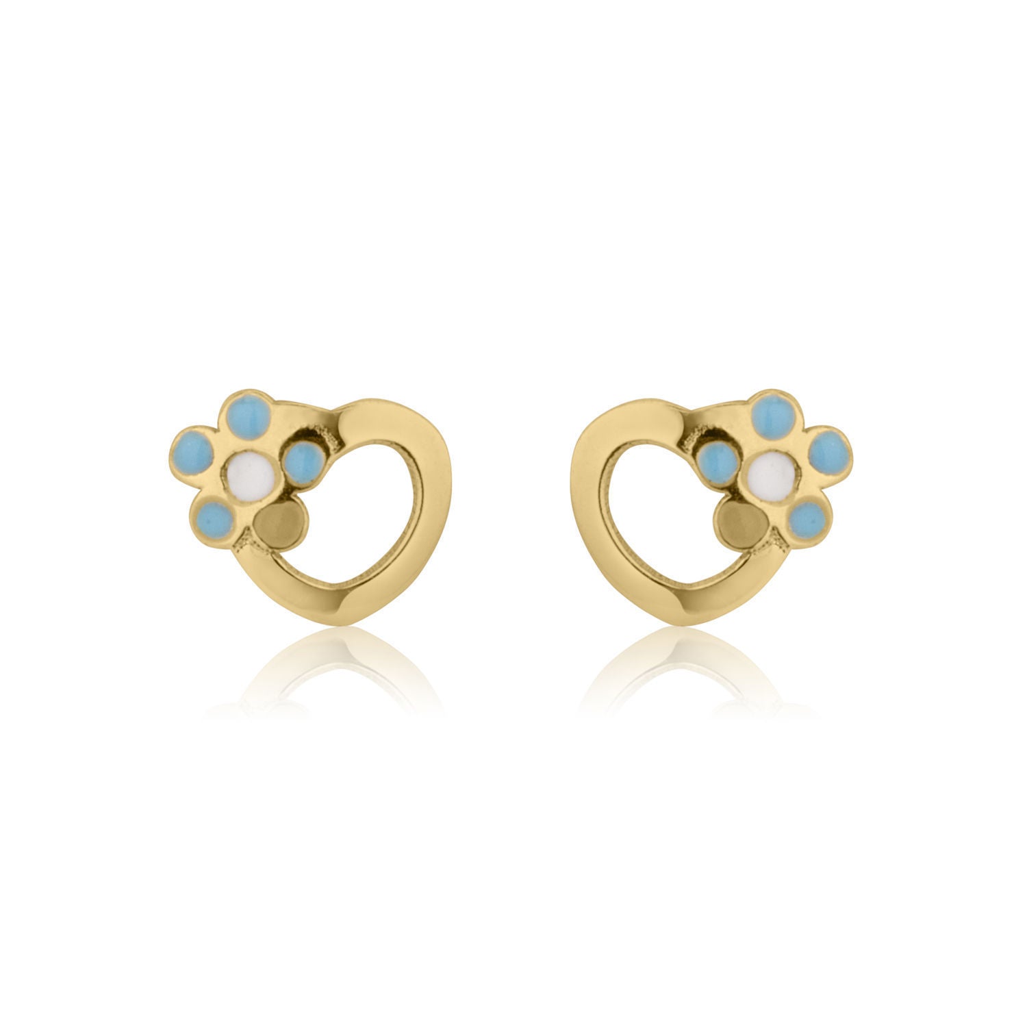 עגילים צמודים מזהב צהוב 14 קראט - לב ופרח מרגנית עגילים צמודים מזהב צהוב 14 קראט - לב ופרח מרגנית