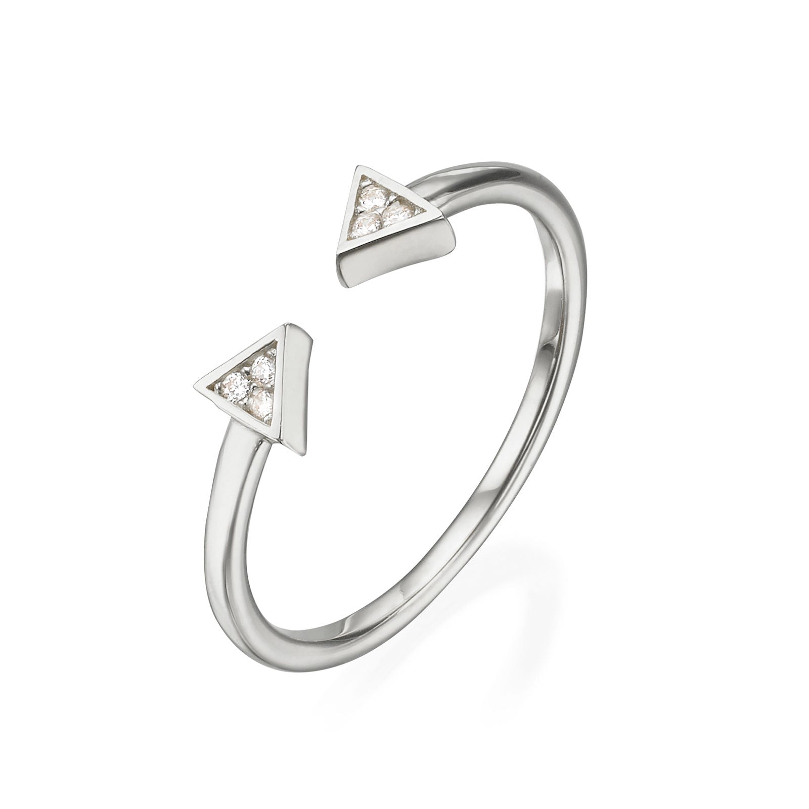 טבעת פתוחה מזהב לבן 14 קראט - משולשים נוצצים טבעת פתוחה מזהב לבן 14 קראט - משולשים נוצצים