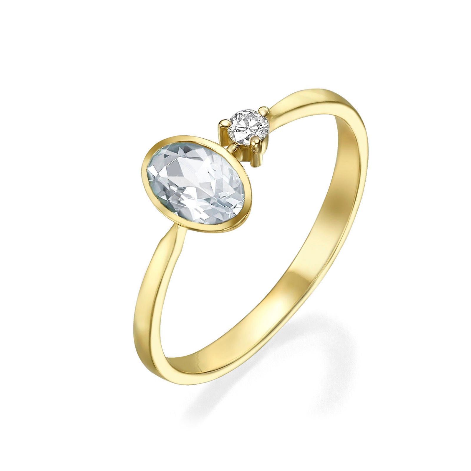 טבעת יהלום ואבן חן אקוומרין מזהב צהוב 14 - ריין טבעת יהלום ואבן חן אקוומרין מזהב צהוב 14 - ריין