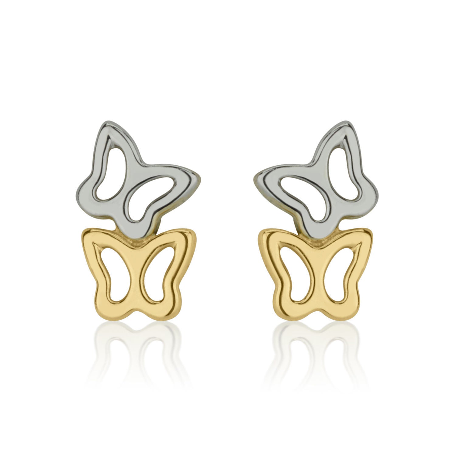 עגילים צמודים מזהב צהוב ולבן 14 קראט - פרפרים שני צבעים עגילים צמודים מזהב צהוב ולבן 14 קראט - פרפרים שני צבעים