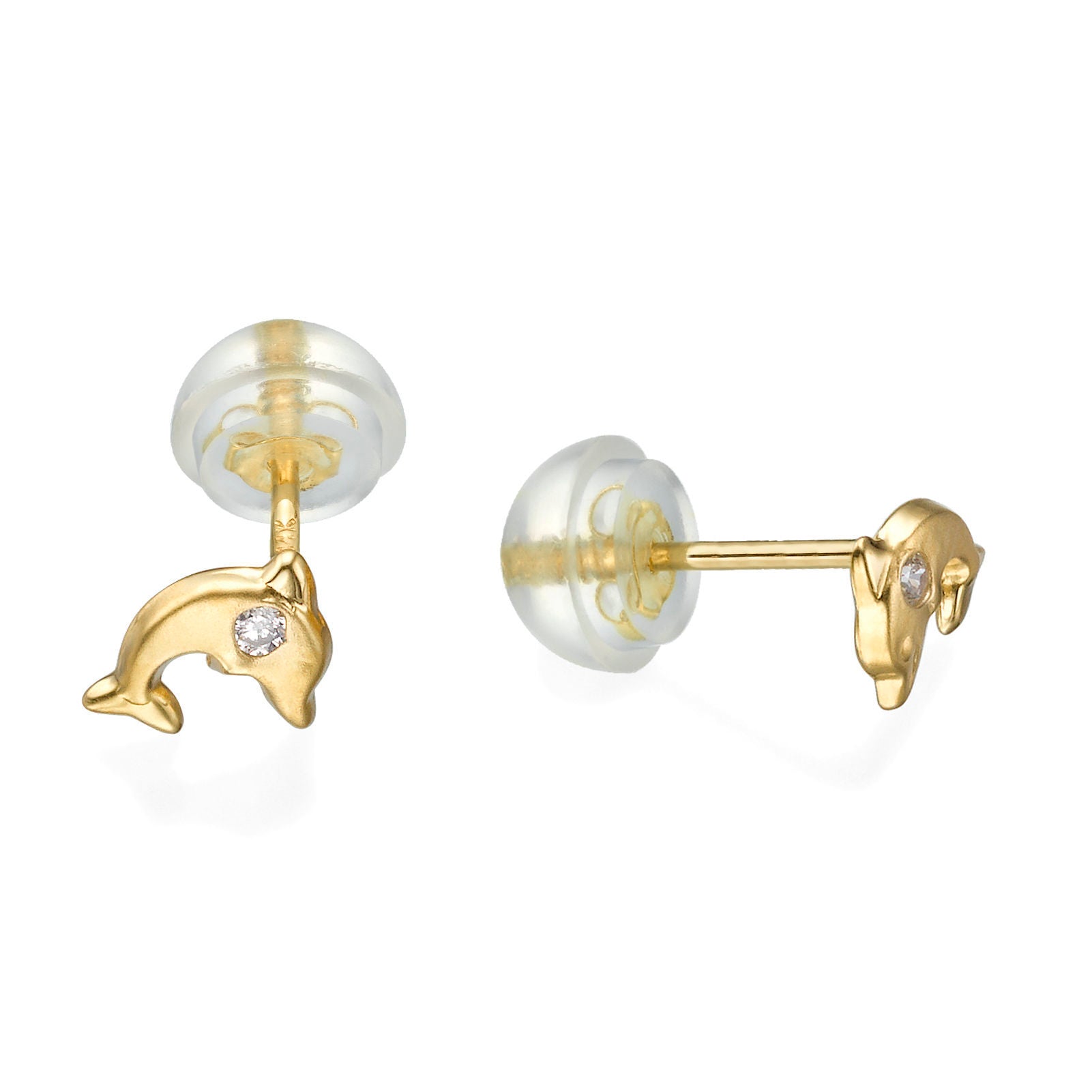 עגילים צמודים מזהב צהוב 14 קראט - דולפין מנצנץ - מט עגילים צמודים מזהב צהוב 14 קראט - דולפין מנצנץ - מט