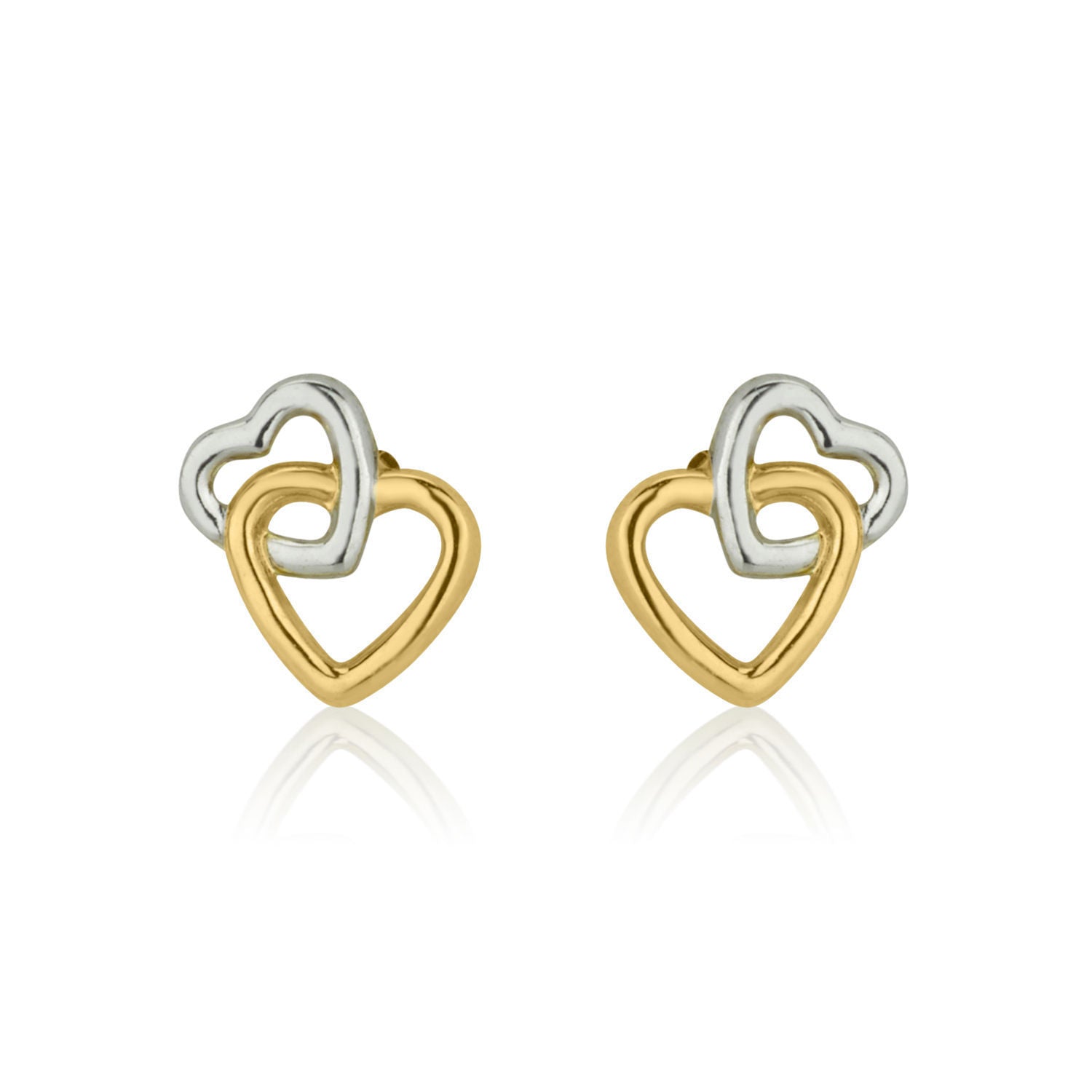 עגילים צמודים מזהב צהוב ולבן 14 קראט - לבבות בשני צבעים עגילים צמודים מזהב צהוב ולבן 14 קראט - לבבות בשני צבעים