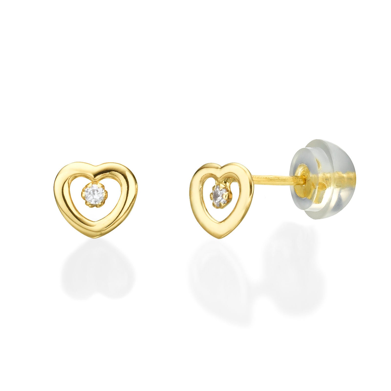 עגילים צמודים מזהב צהוב 14 קראט - לב מלוכד עגילים צמודים מזהב צהוב 14 קראט - לב מלוכד