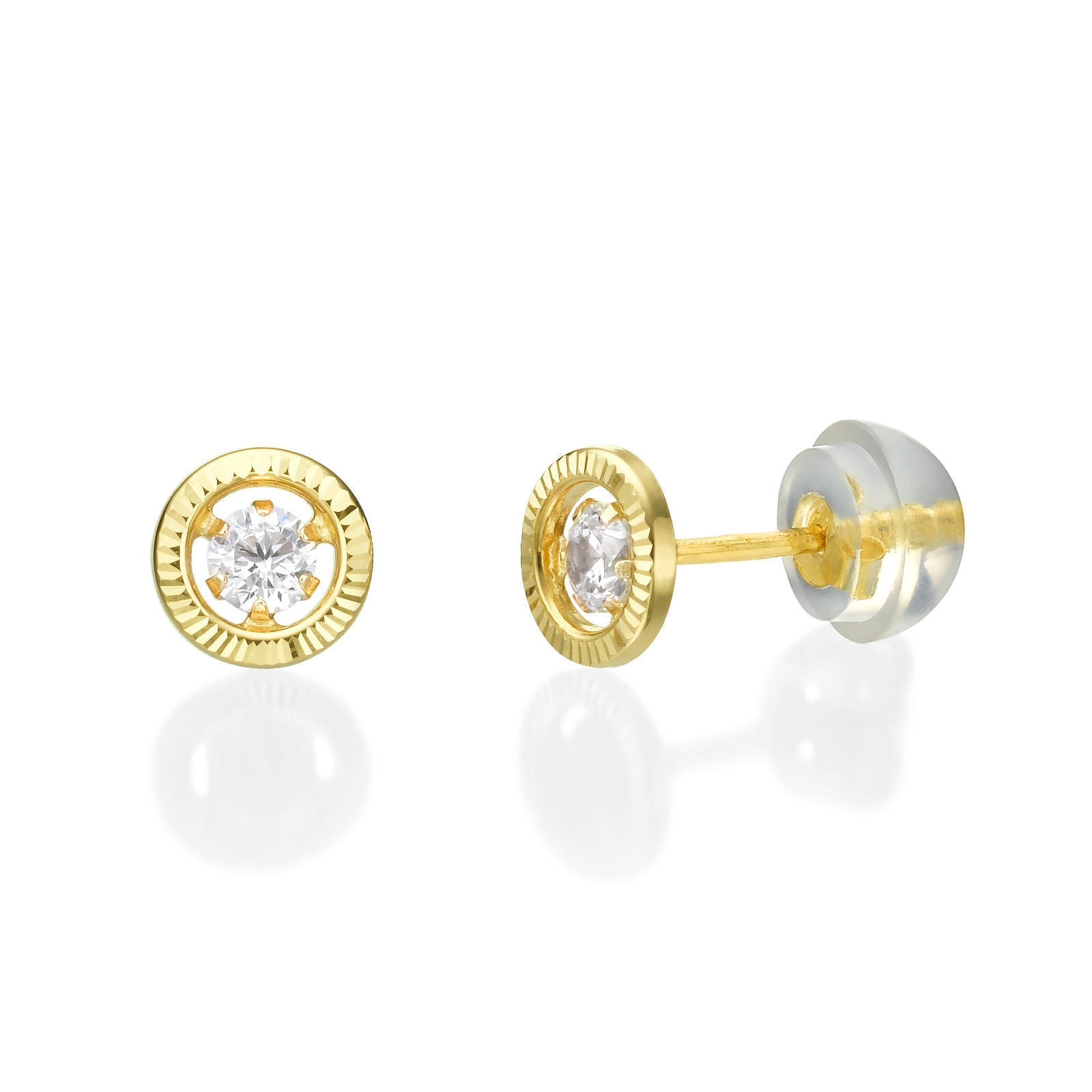 עגילים צמודים מזהב צהוב 14 קראט - עיגול קריסטל עגילים צמודים מזהב צהוב 14 קראט - עיגול קריסטל