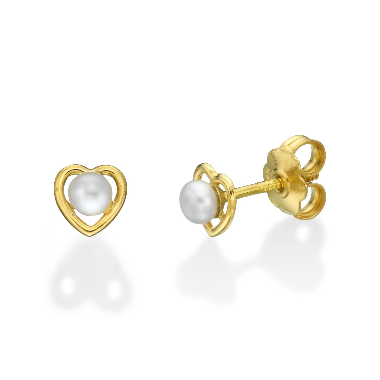 עגילים צמודים מזהב צהוב 14 קראט - פנינה מלבבת עגילים צמודים מזהב צהוב 14 קראט - פנינה מלבבת