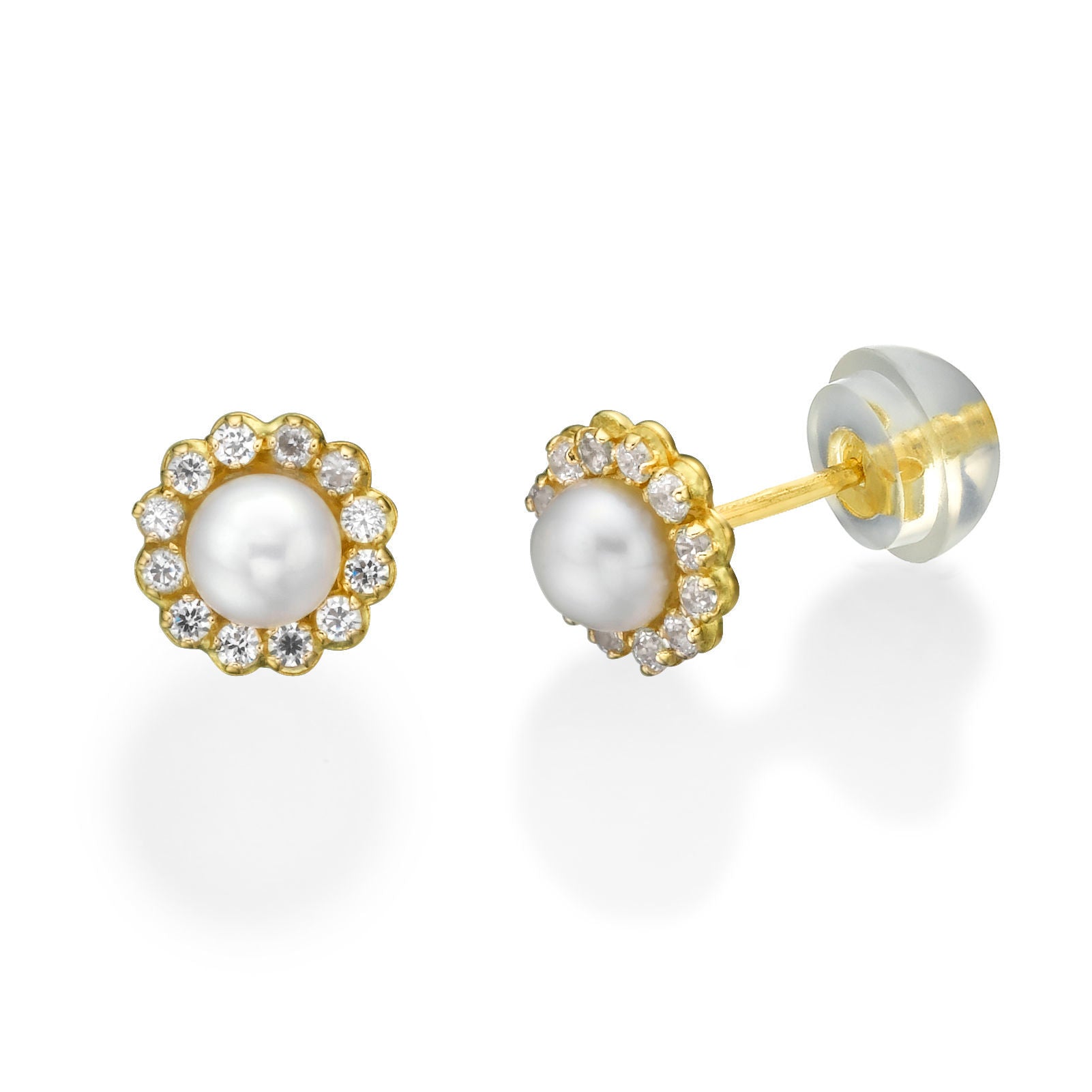 עגילים צמודים מזהב צהוב 14 קראט - פנינה מנצנץ עגילים צמודים מזהב צהוב 14 קראט - פנינה מנצנץ