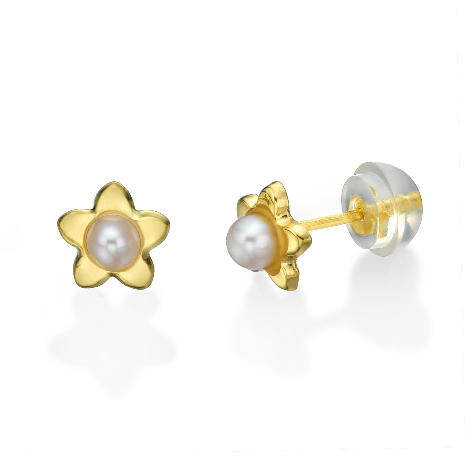 עגילים צמודים מזהב צהוב 14 קראט - פנינה כוכבה עגילים צמודים מזהב צהוב 14 קראט - פנינה כוכבה