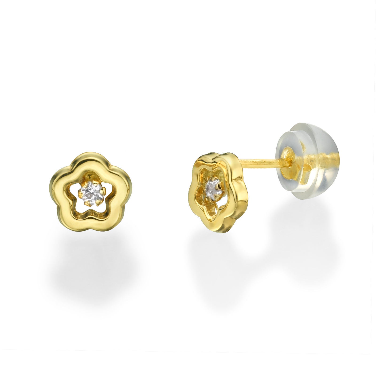 עגילים צמודים מזהב צהוב 14 קראט - פרח אביבית עגילים צמודים מזהב צהוב 14 קראט - פרח אביבית