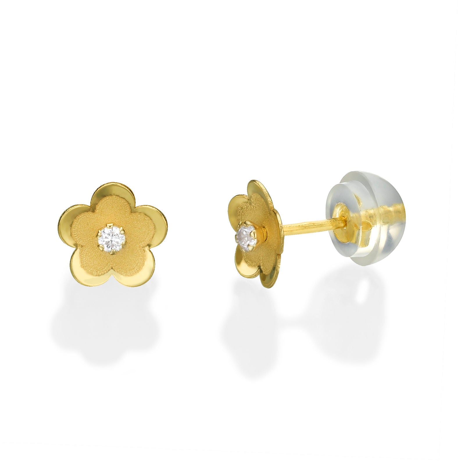 עגילים צמודים מזהב צהוב 14 קראט - פרח דייזי עגילים צמודים מזהב צהוב 14 קראט - פרח דייזי