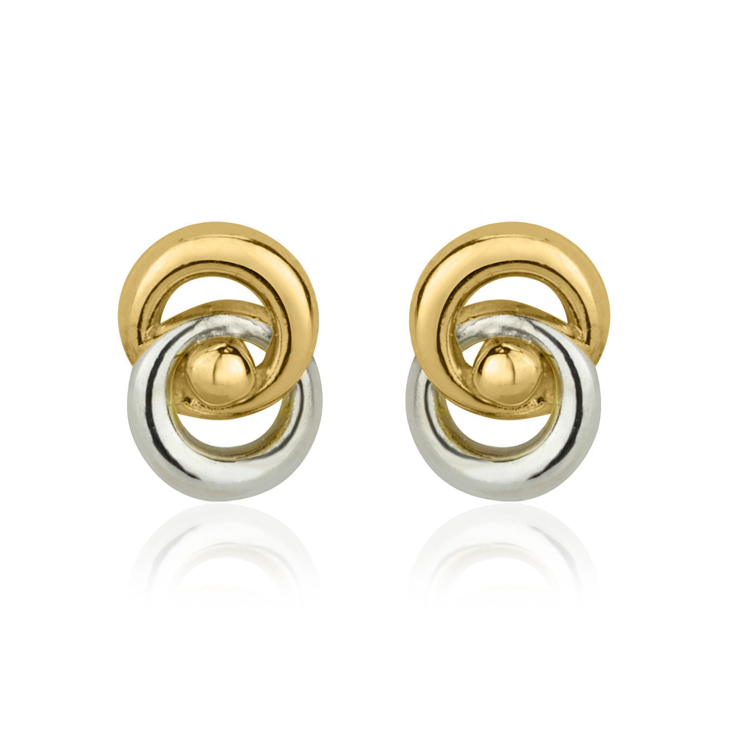 עגילים צמודים מזהב צהוב ולבן 14 קראט - עיגולים משתלבים עגילים צמודים מזהב צהוב ולבן 14 קראט - עיגולים משתלבים