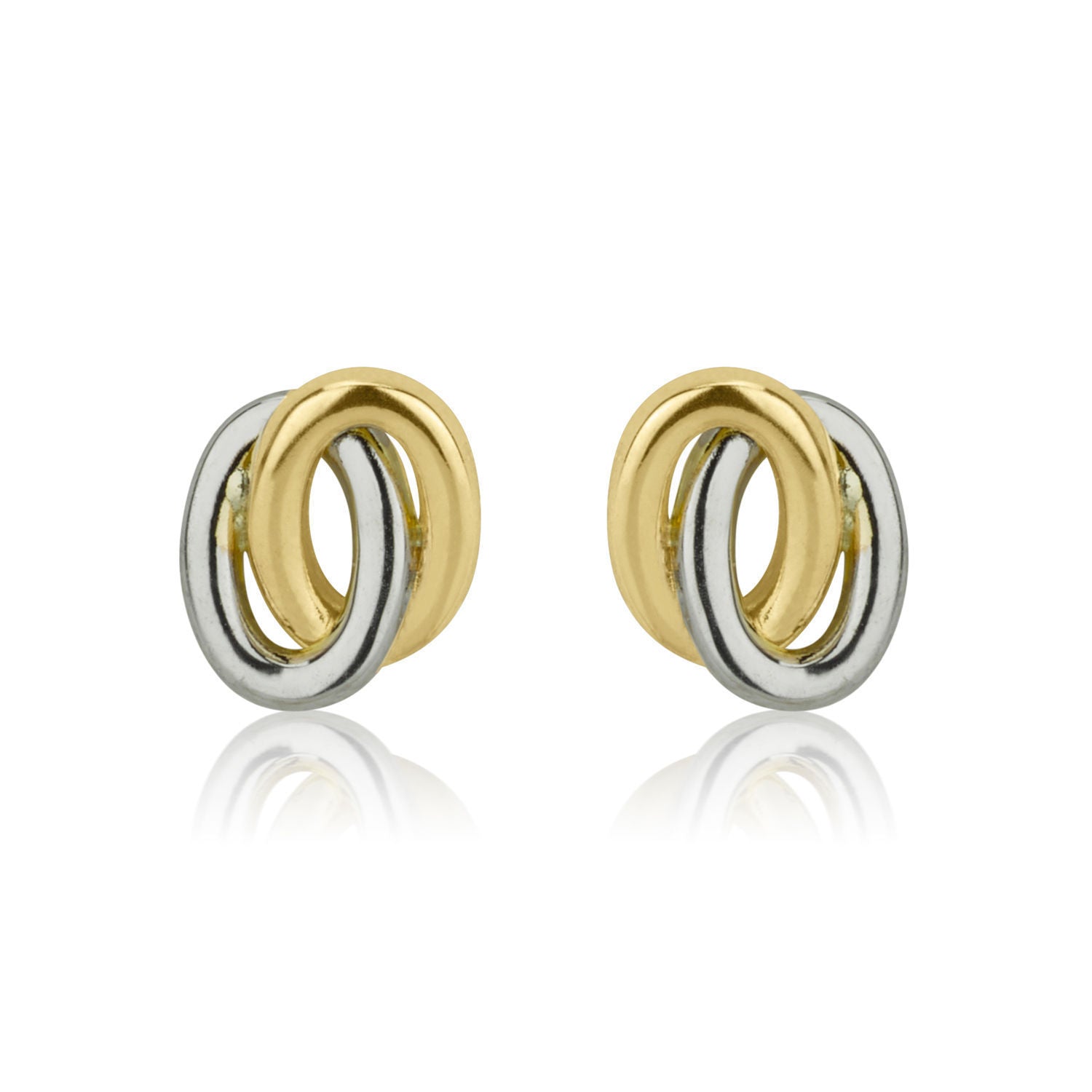 עגילים צמודים מזהב צהוב ולבן 14 קראט - עיגולים אליפסיים עגילים צמודים מזהב צהוב ולבן 14 קראט - עיגולים אליפסיים