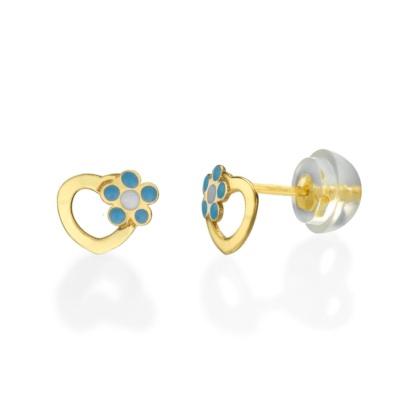 עגילים צמודים מזהב צהוב 14 קראט - לב ופרח מרגנית עגילים צמודים מזהב צהוב 14 קראט - לב ופרח מרגנית