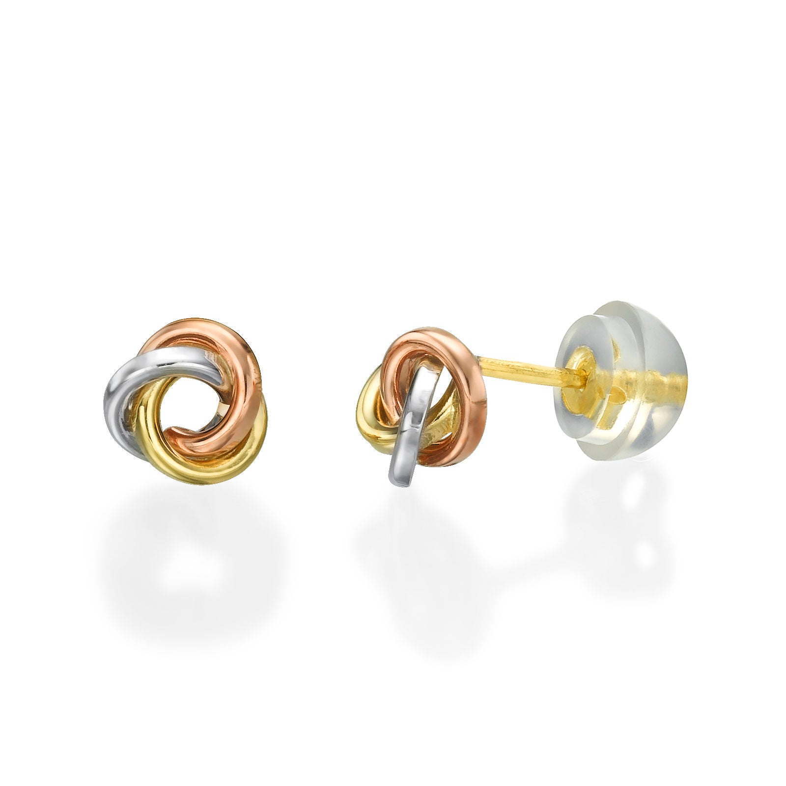 עגילים צמודים מזהב צהוב ולבן 14 קראט - עיגול קארמה עגילים צמודים מזהב צהוב ולבן 14 קראט - עיגול קארמה