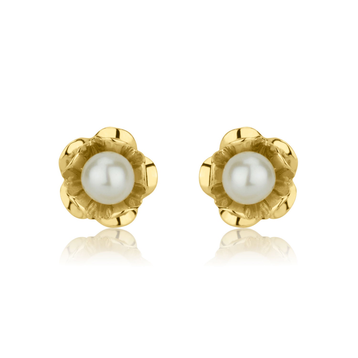 עגילים צמודים מזהב צהוב 14 קראט - פנינה ופרח עגילים צמודים מזהב צהוב 14 קראט - פנינה ופרח