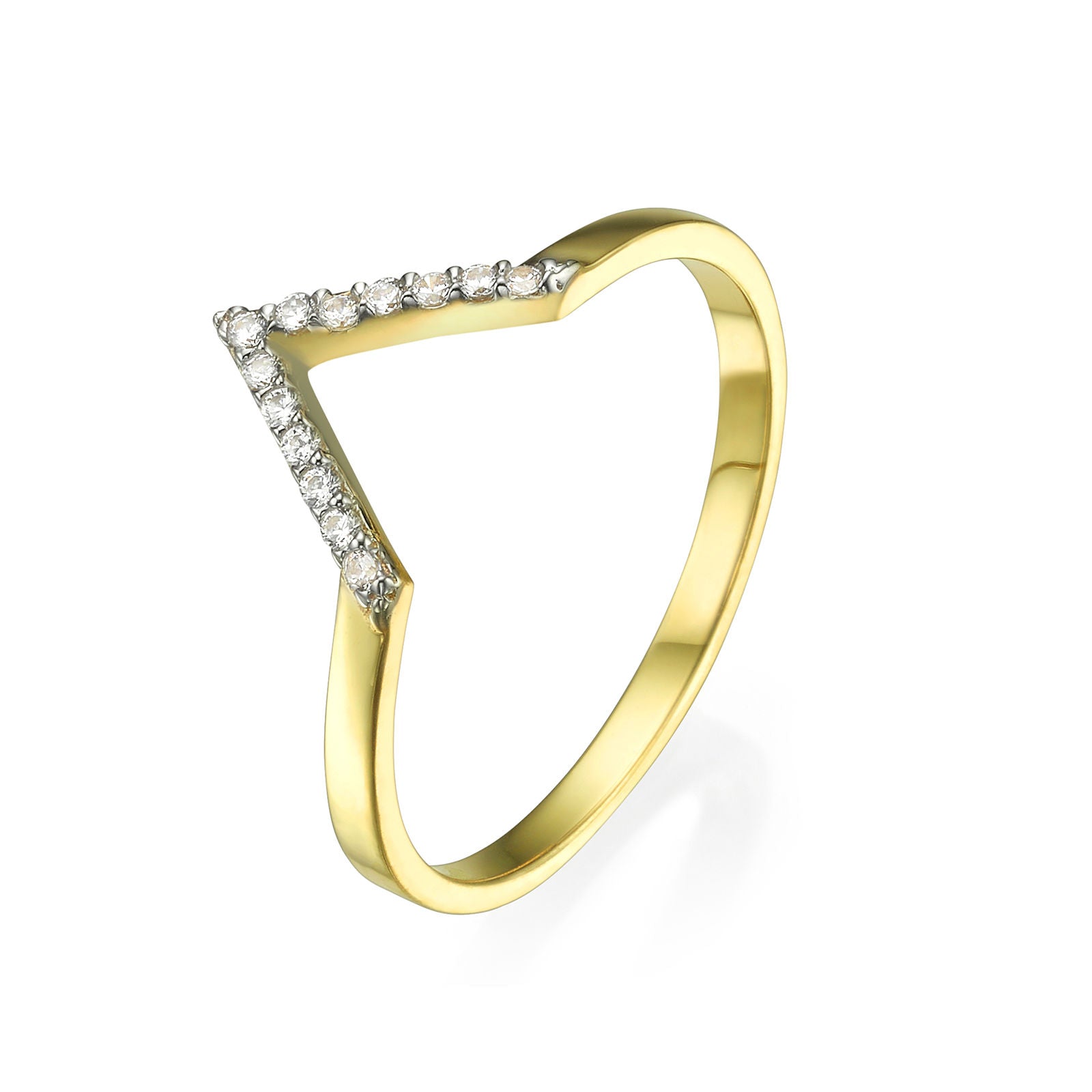 טבעת מזהב צהוב 14 קראט - וי קטן עם זירקונים טבעת מזהב צהוב 14 קראט - וי קטן עם זירקונים