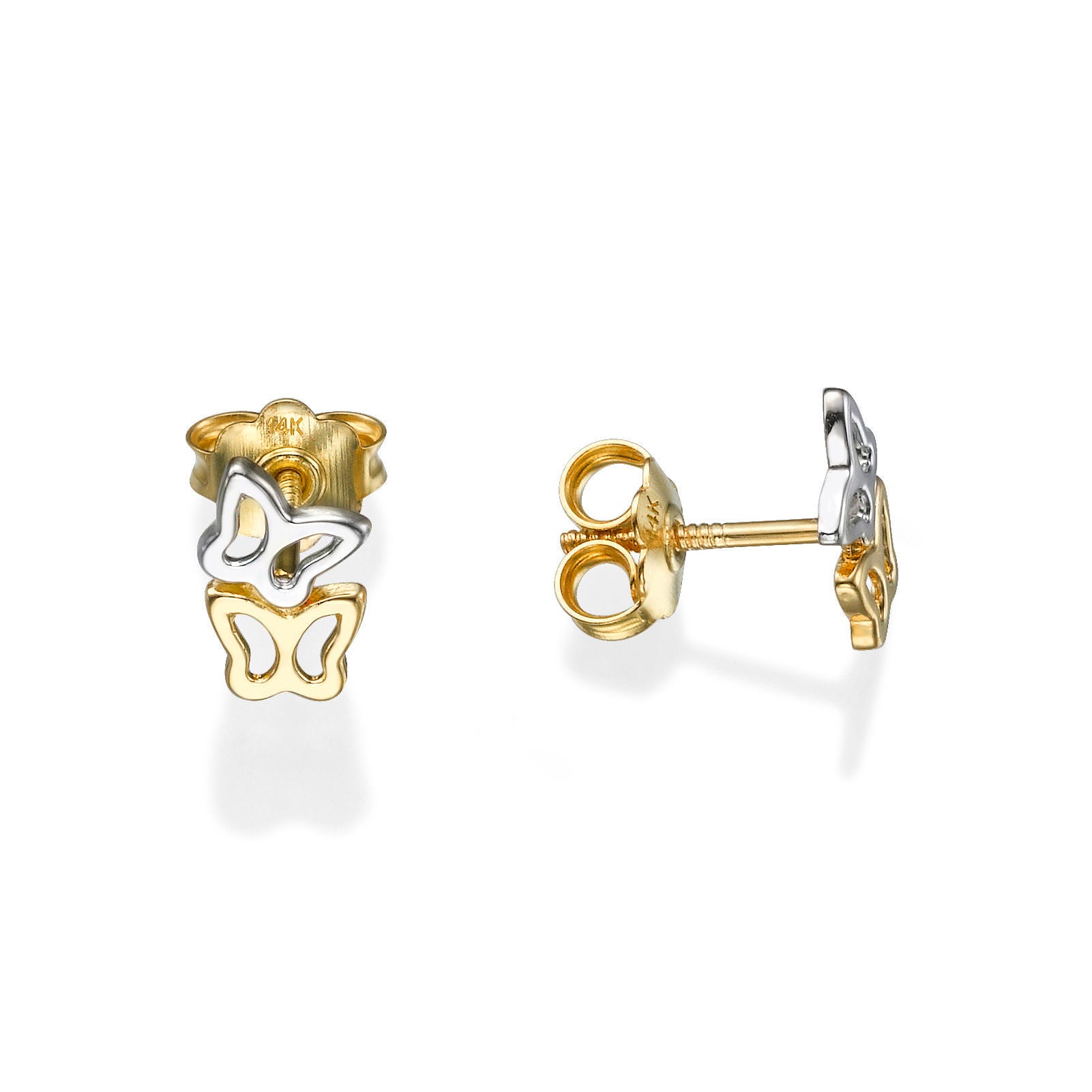 עגילים צמודים מזהב צהוב ולבן 14 קראט - פרפרים שני צבעים עגילים צמודים מזהב צהוב ולבן 14 קראט - פרפרים שני צבעים