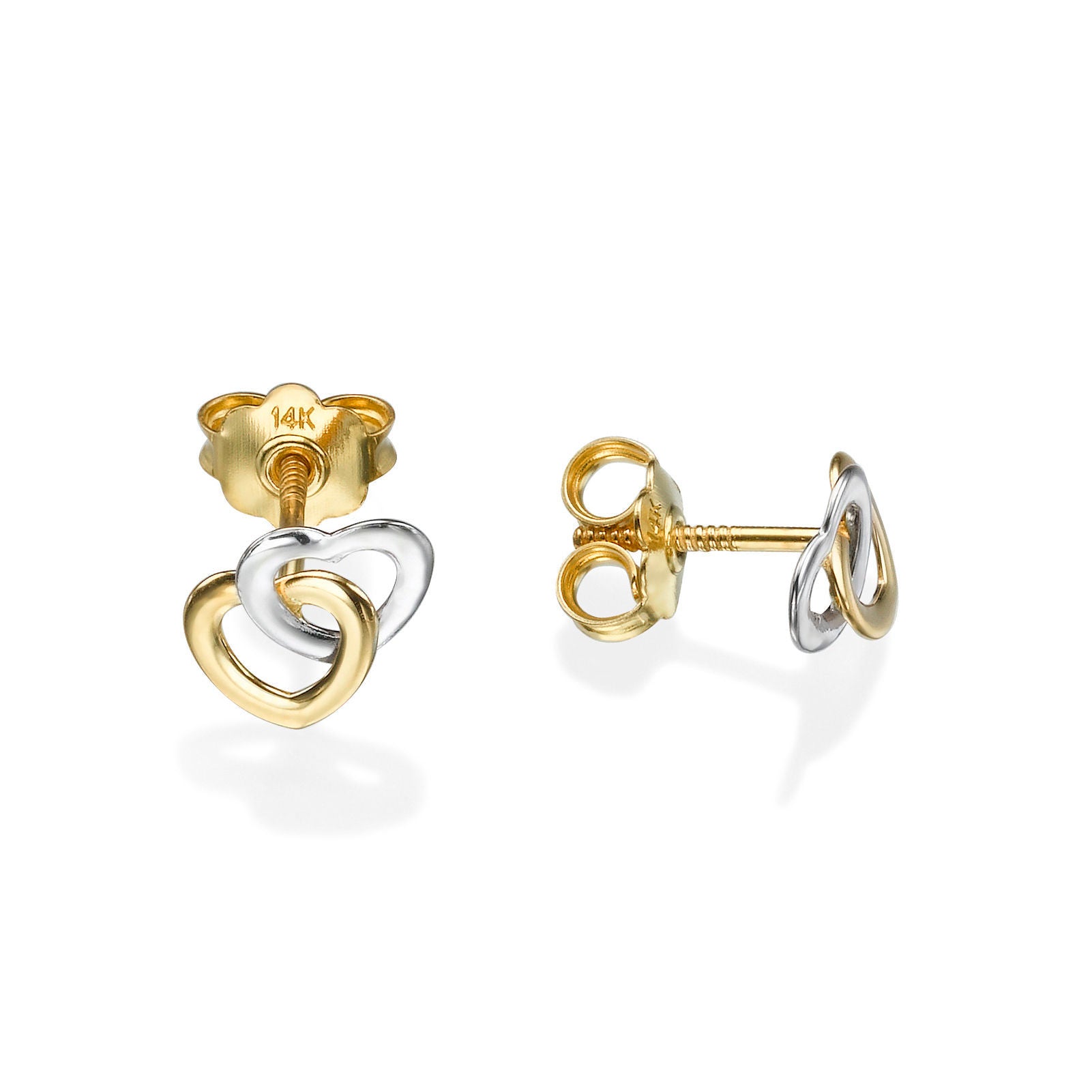 עגילים צמודים מזהב צהוב ולבן 14 קראט - לבבות מחושקים עגילים צמודים מזהב צהוב ולבן 14 קראט - לבבות מחושקים