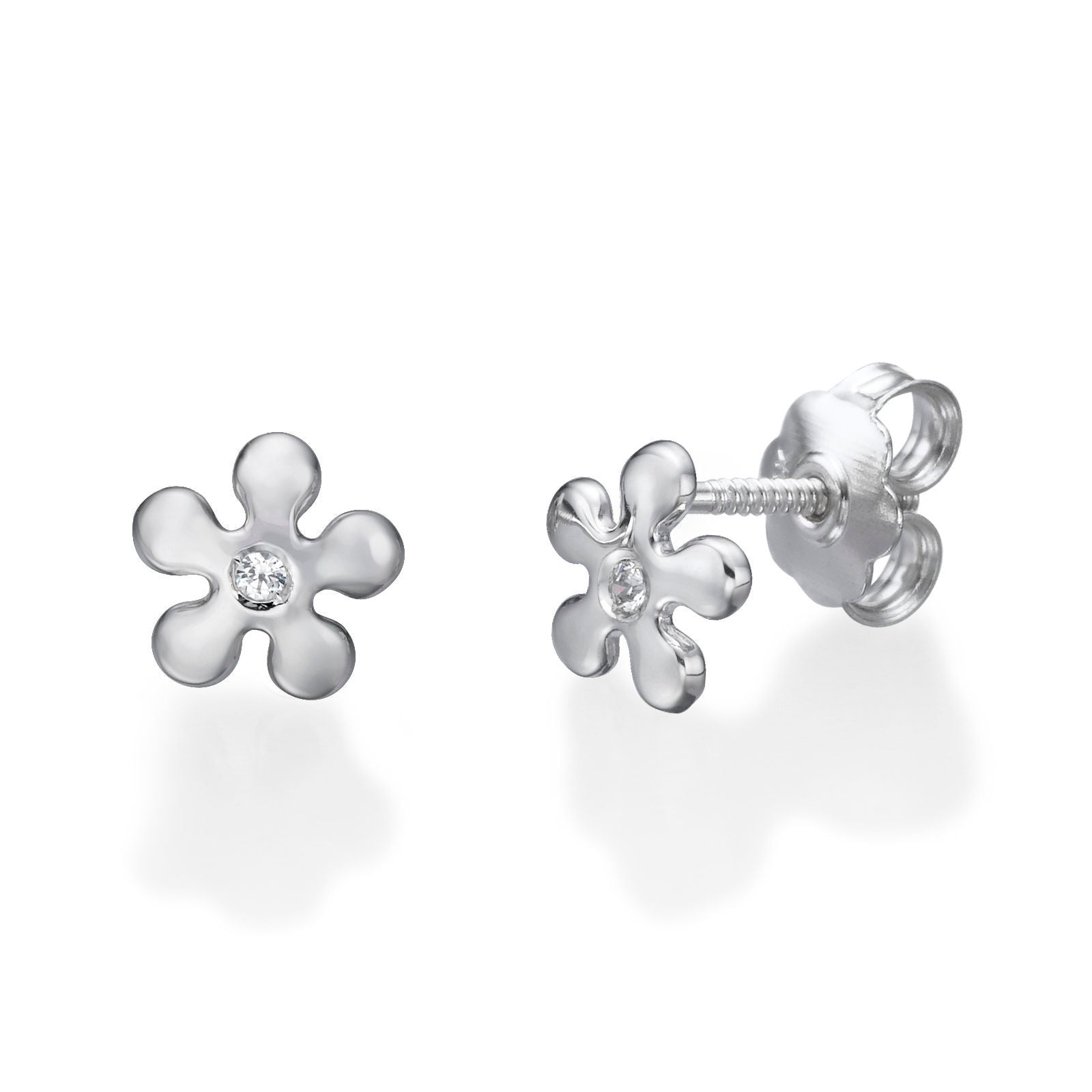 עגילים צמודים מזהב לבן 14 קראט - פרח מישל עגילים צמודים מזהב לבן 14 קראט - פרח מישל