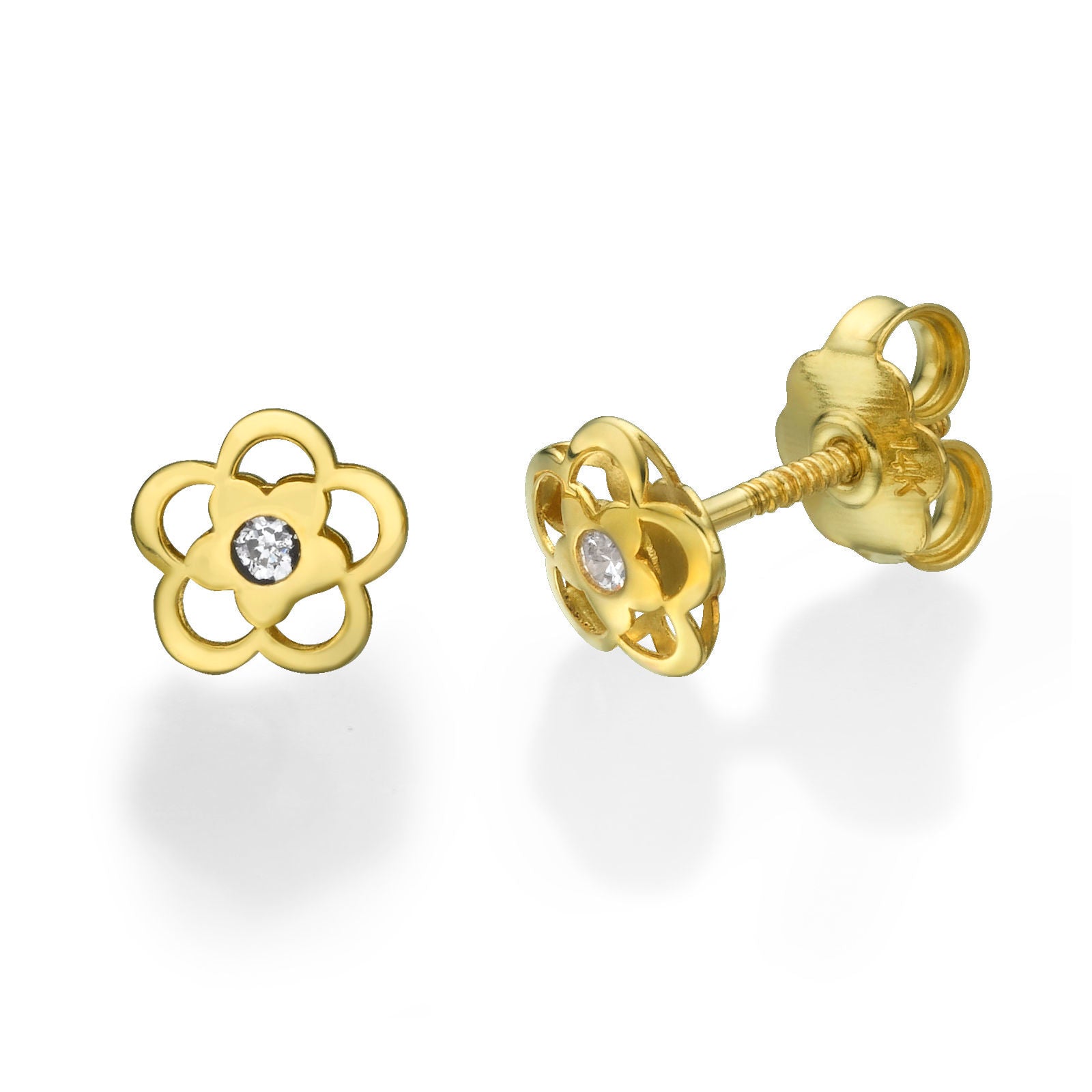 עגילים צמודים מזהב צהוב 14 קראט - פרח אנט עגילים צמודים מזהב צהוב 14 קראט - פרח אנט