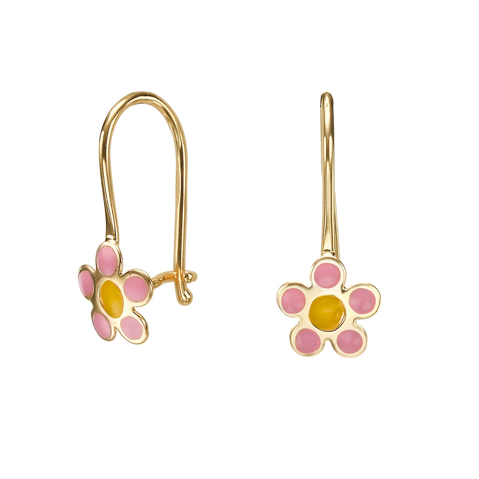 עגילים תלויים מזהב צהוב 14 קראט - פרח סייאה ורוד עגילים תלויים מזהב צהוב 14 קראט - פרח סייאה ורוד