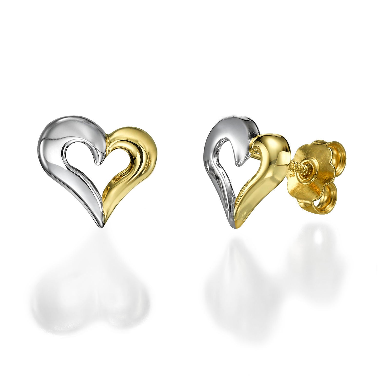 עגילים צמודים מזהב צהוב ולבן  14 קראט - לב מאוחד עגילים צמודים מזהב צהוב ולבן  14 קראט - לב מאוחד