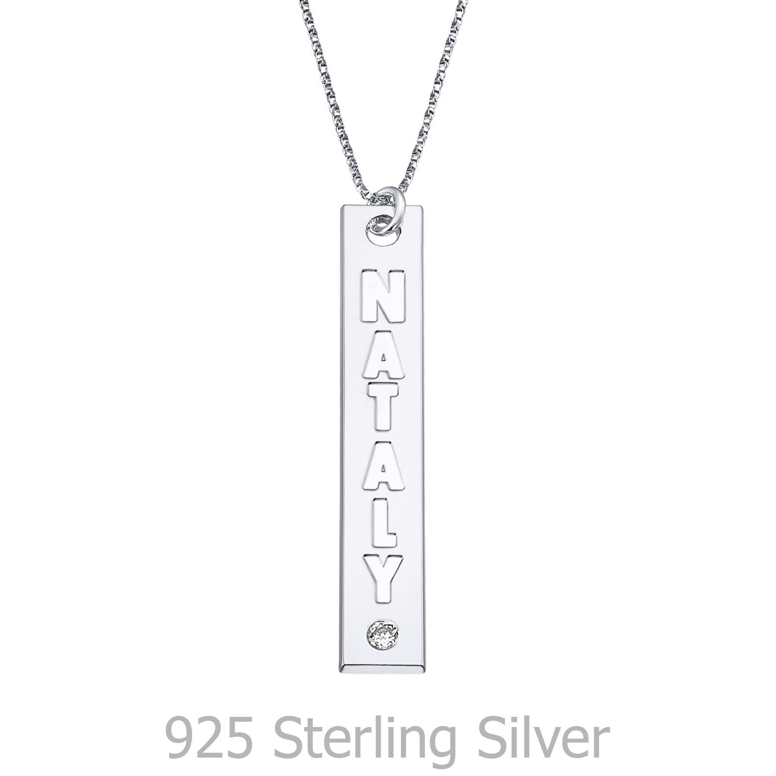 שרשרת בר אנכי עם חריטת שם מכסף אמיתי 925 עם יהלום שרשרת בר אנכי עם חריטת שם מכסף אמיתי 925 עם יהלום