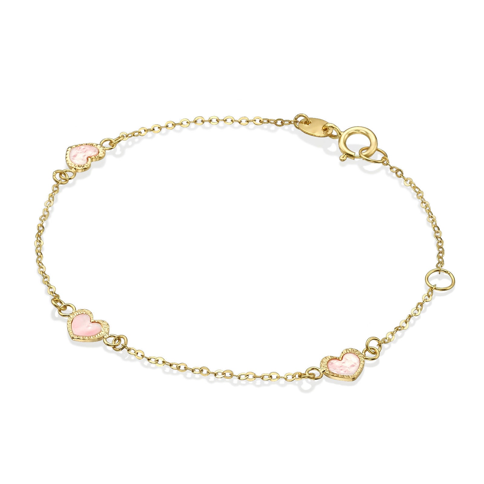 צמיד לילדה מזהב צהוב 14 קראט - לבבות אם הפנינה - ורוד צמיד לילדה מזהב צהוב 14 קראט - לבבות אם הפנינה - ורוד