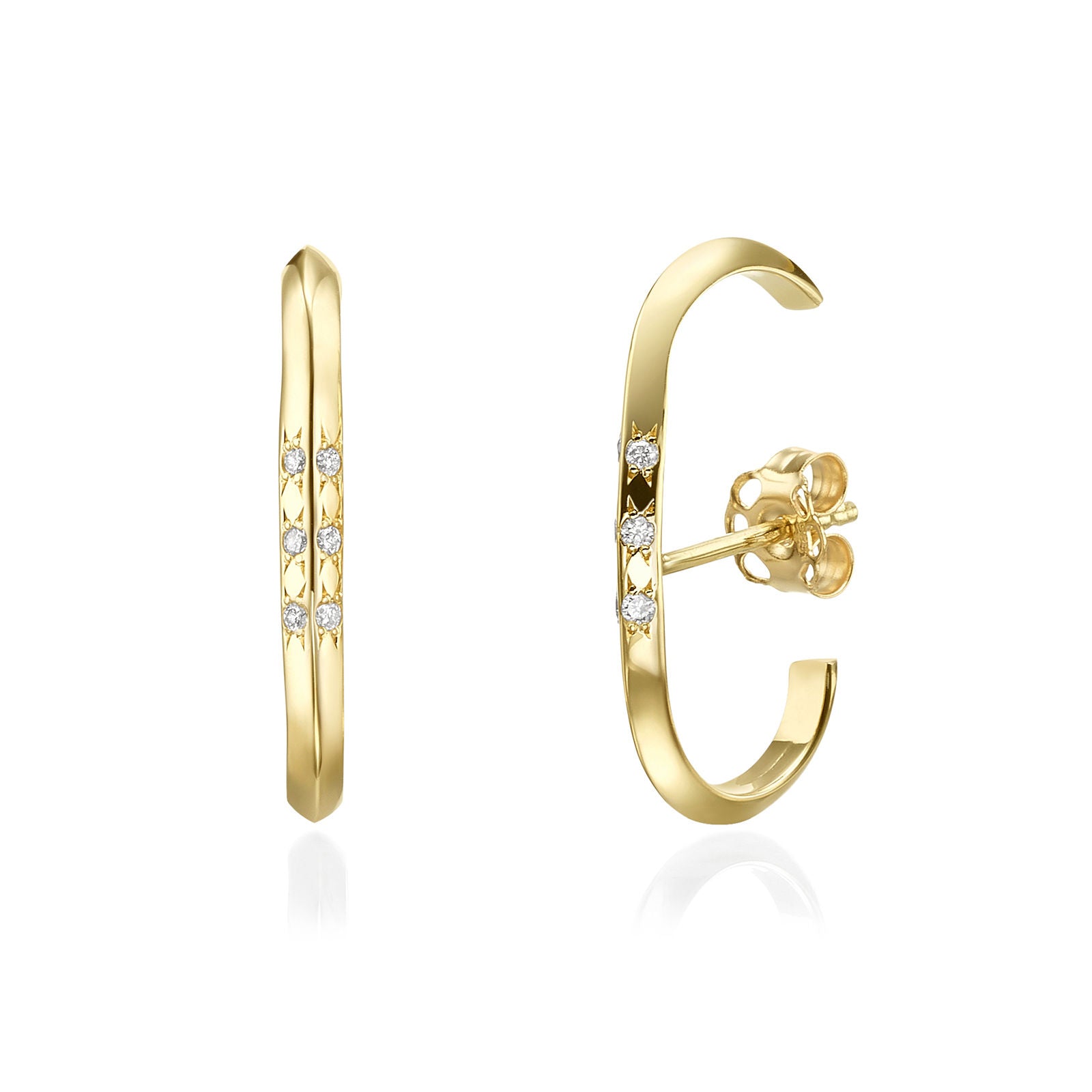 עגילי יהלום חובקים מזהב צהוב 14 קראט - טוויסט עגילי יהלום חובקים מזהב צהוב 14 קראט - טוויסט