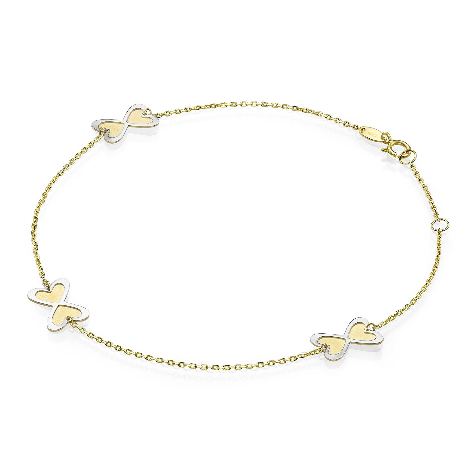 צמיד לרגל מזהב צהוב ולבן 14 קראט - אינסוף לבבות צמיד לרגל מזהב צהוב ולבן 14 קראט - אינסוף לבבות