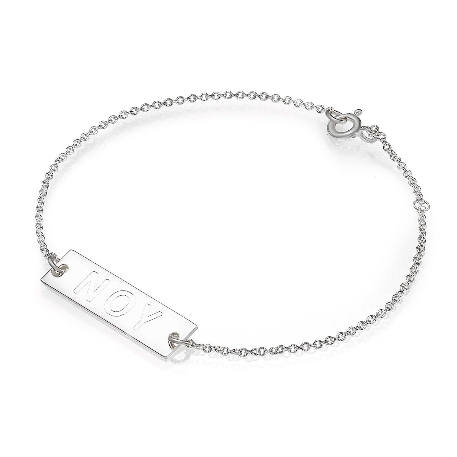 צמיד שם ליד מזהב לבן 14 קראט -   שם מלבני צמיד שם ליד מזהב לבן 14 קראט -   שם מלבני