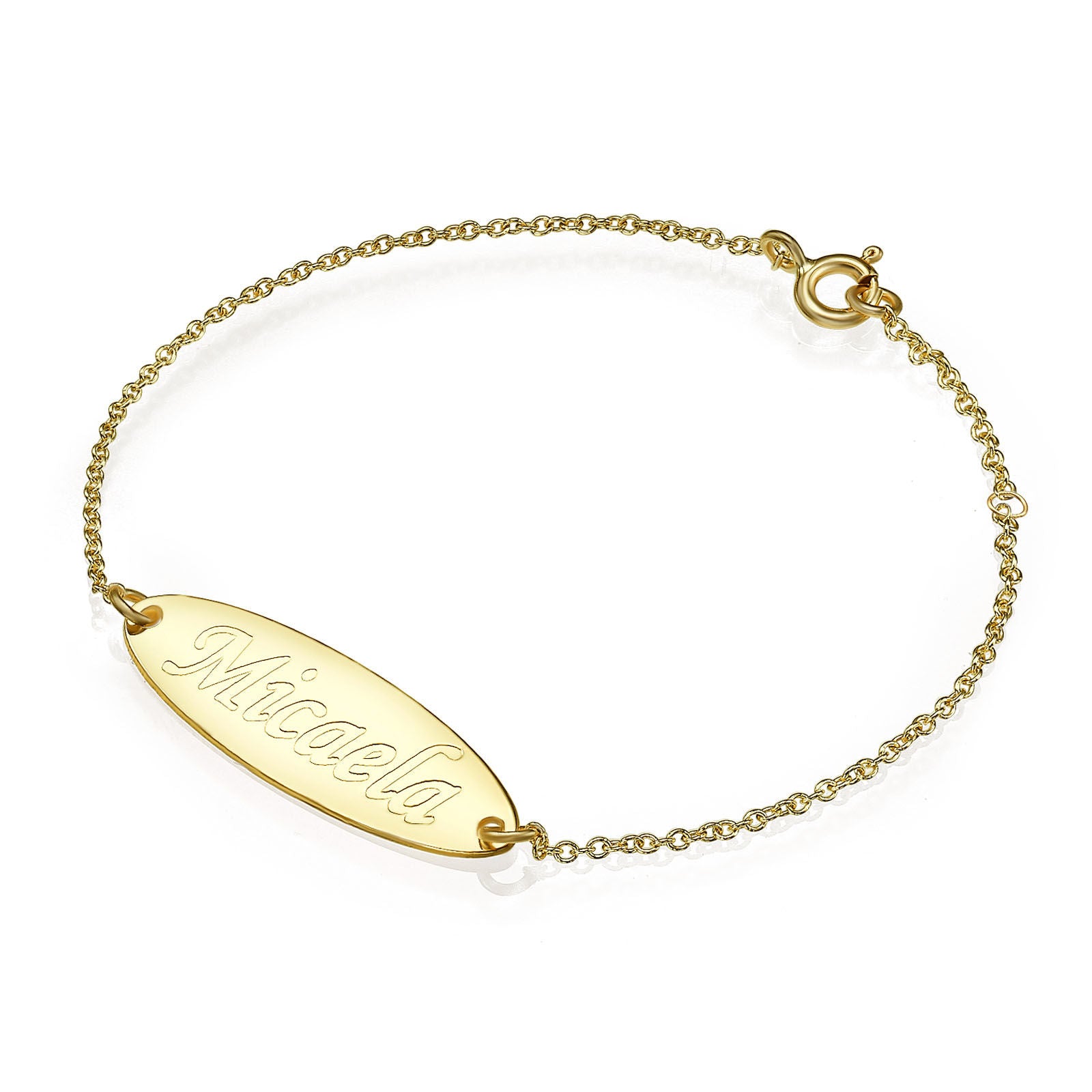 צמיד שם ליד מזהב צהוב 14 קראט - שם אובלי צמיד שם ליד מזהב צהוב 14 קראט - שם אובלי