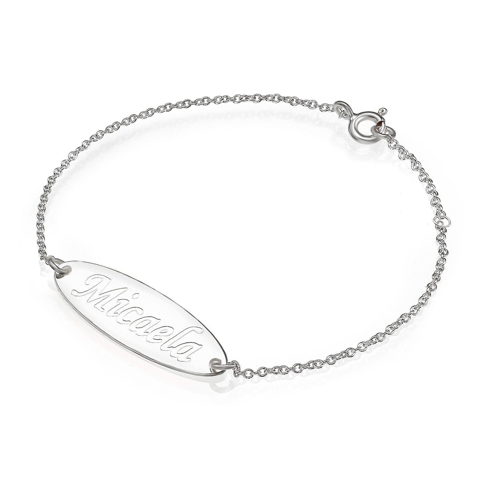 צמיד שם ליד מזהב לבן 14 קראט - שם אובלי צמיד שם ליד מזהב לבן 14 קראט - שם אובלי