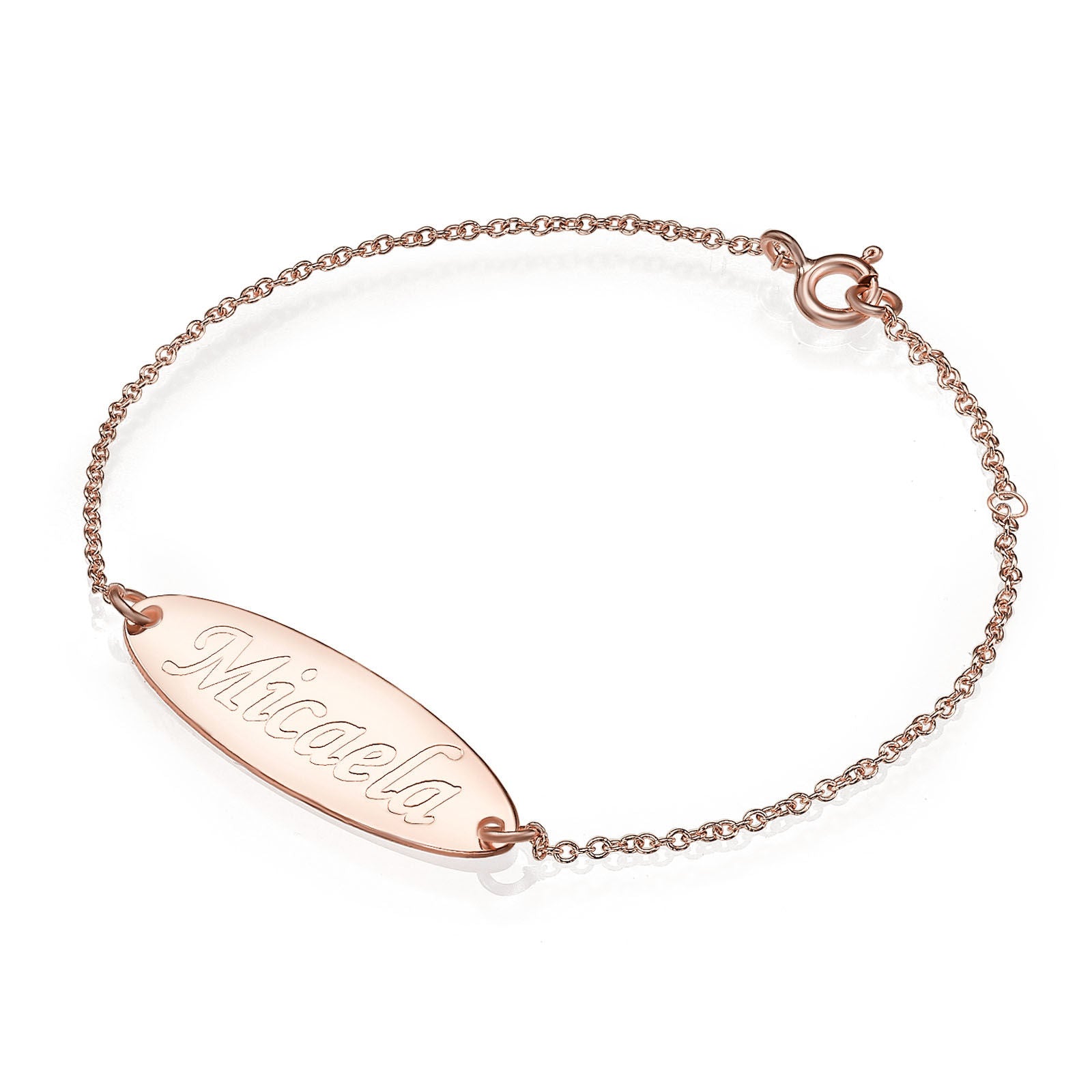 צמיד שם ליד מזהב ורוד 14 קראט - שם אובלי צמיד שם ליד מזהב ורוד 14 קראט - שם אובלי