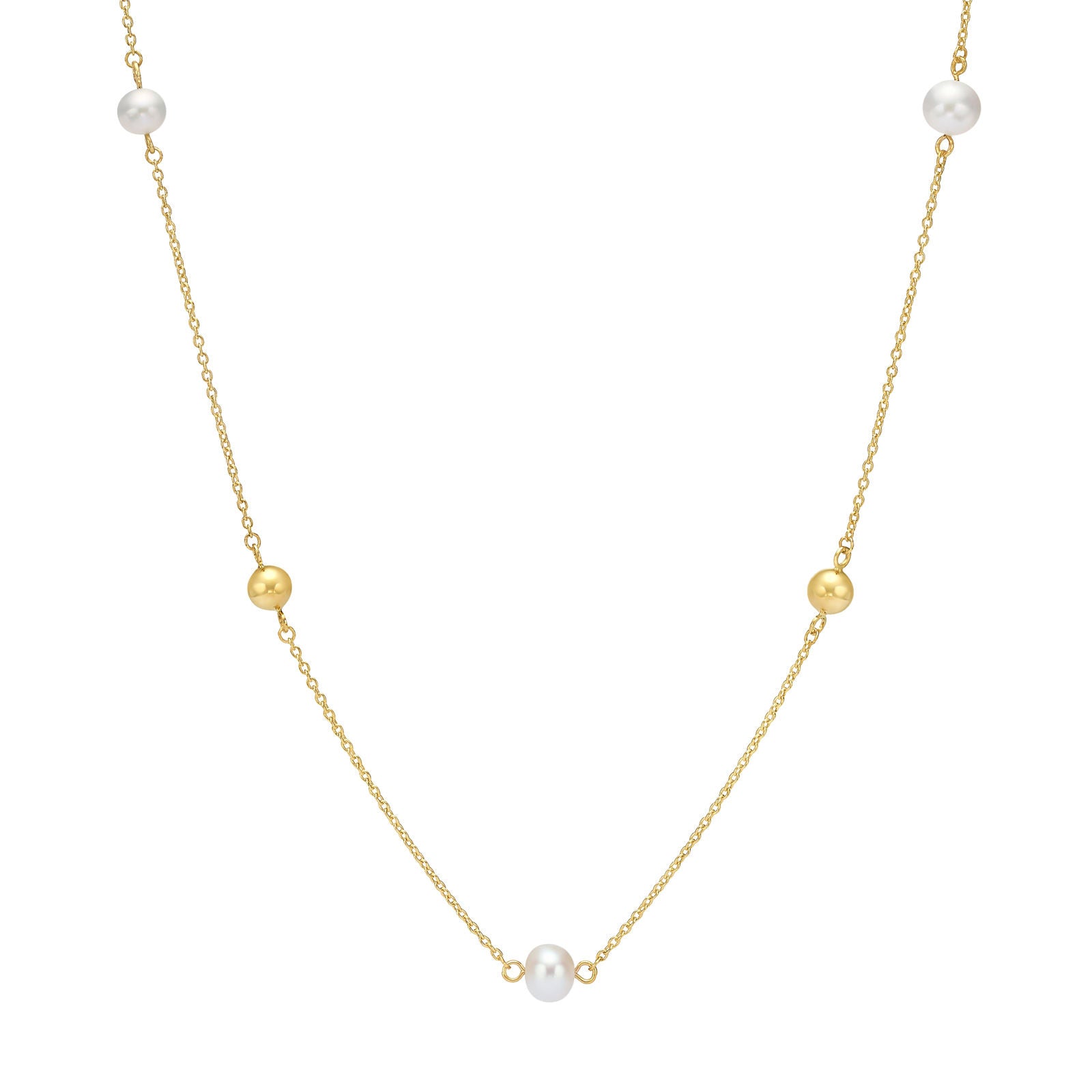 תליון ושרשרת מזהב צהוב 14 קראט - פנינים וכדורי זהב תליון ושרשרת מזהב צהוב 14 קראט - פנינים וכדורי זהב