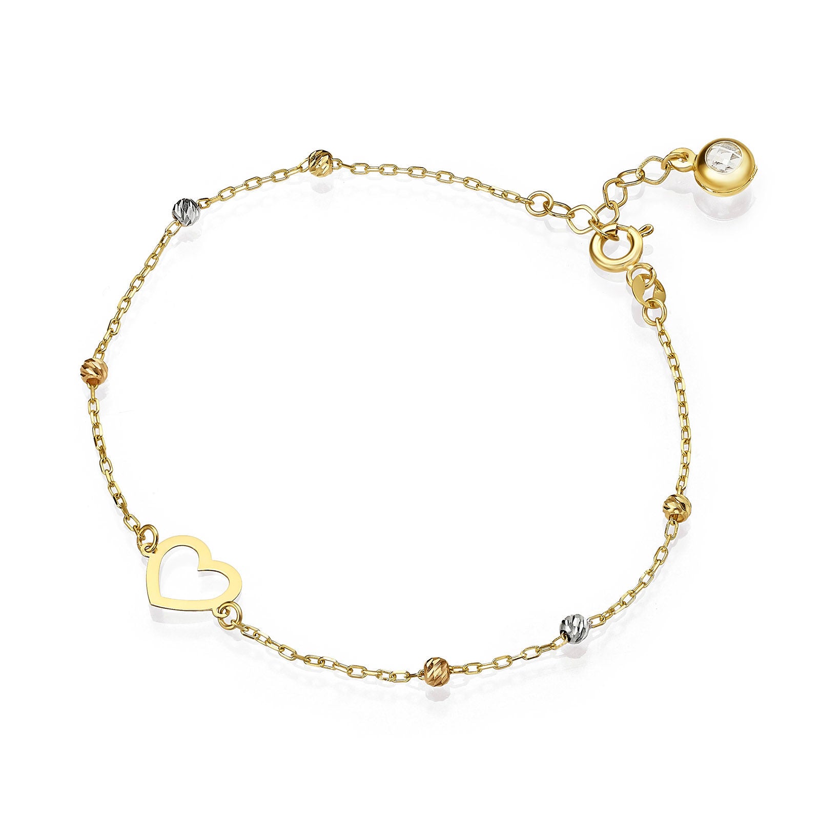 צמיד לאישה מזהב צהוב 14 קראט - לב כדורים מנצנצים צמיד לאישה מזהב צהוב 14 קראט - לב כדורים מנצנצים