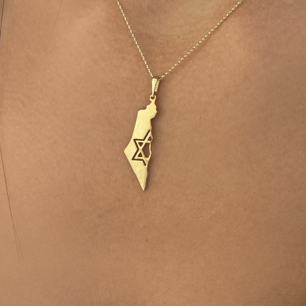 תליון ושרשרת מזהב צהוב 14 קראט - מפת ישראל מגן דוד תליון ושרשרת מזהב צהוב 14 קראט - מפת ישראל מגן דוד