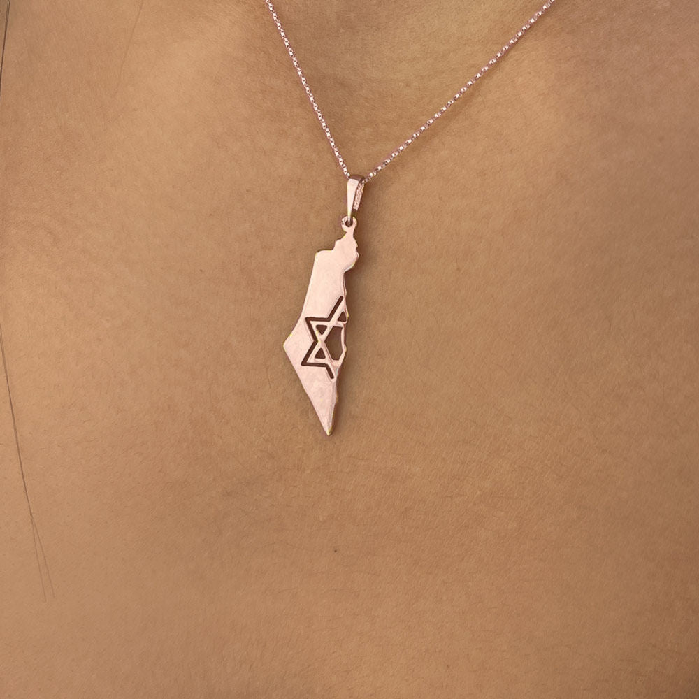 תליון ושרשרת מזהב ורוד 14 קראט - מפת ישראל מגן דוד תליון ושרשרת מזהב ורוד 14 קראט - מפת ישראל מגן דוד