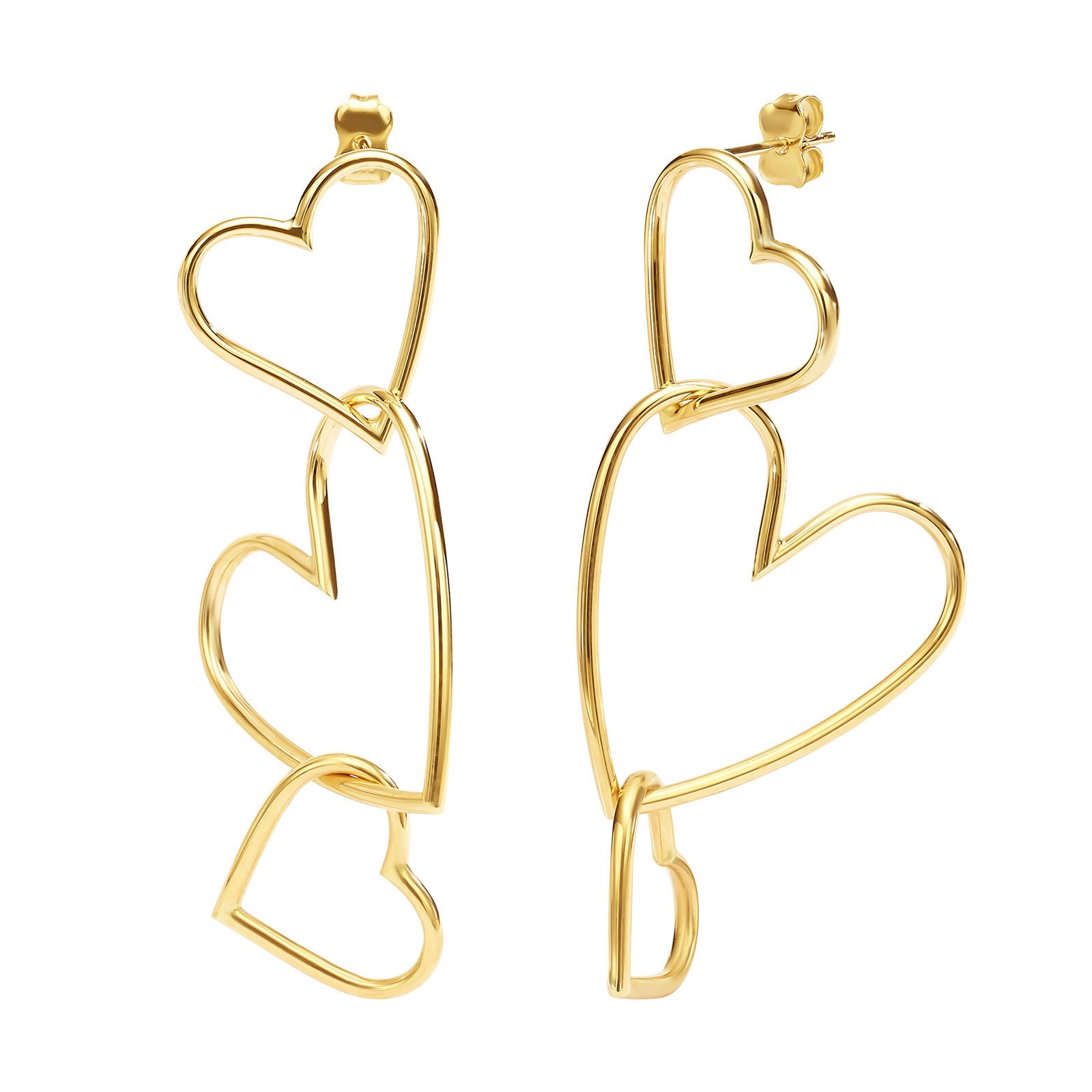 עגילים תלויים מזהב צהוב 14 קראט - לבבות ממפיס עגילים תלויים מזהב צהוב 14 קראט - לבבות ממפיס
