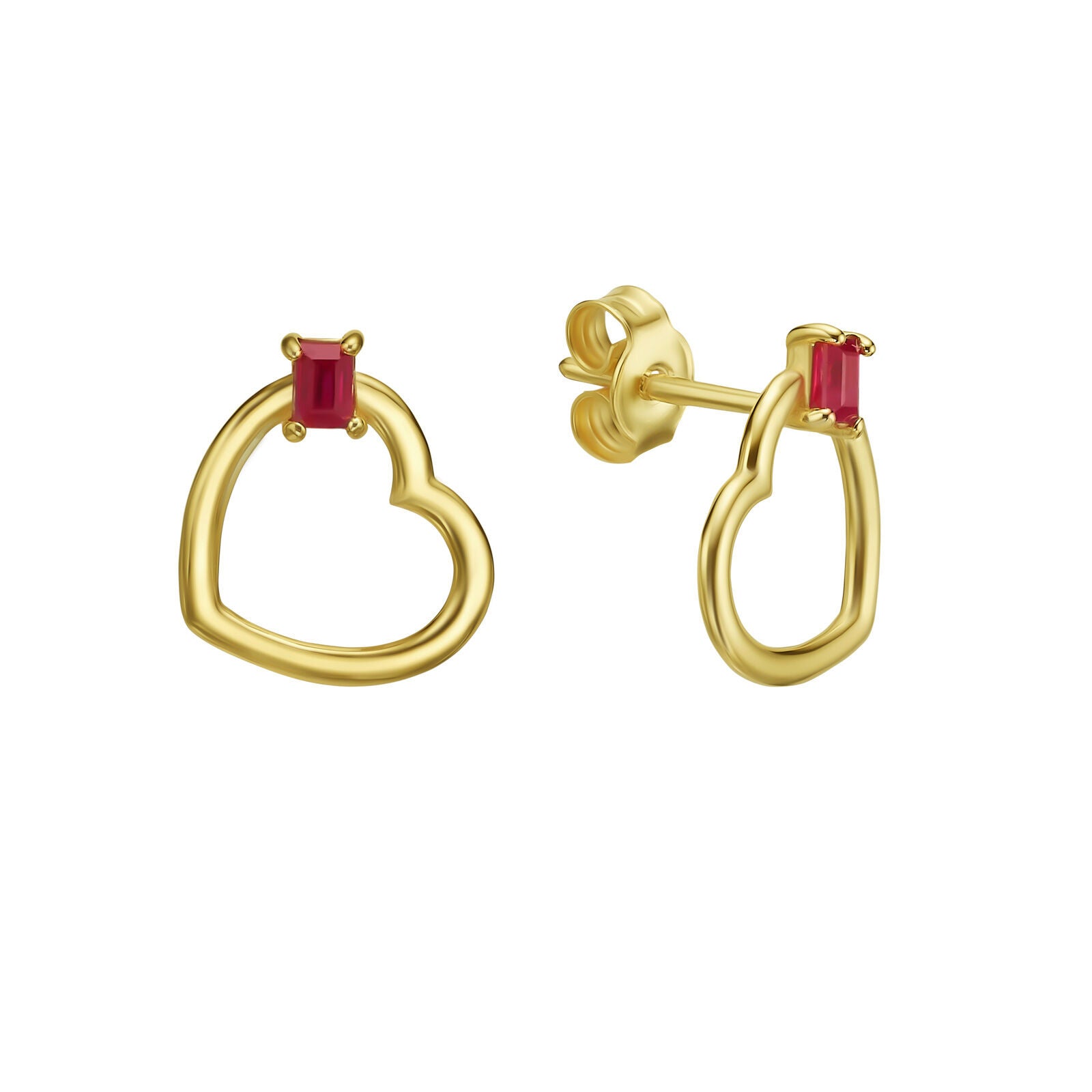 עגילים צמודים רובי מזהב צהוב 14 קראט - לב ג'ייד אדום עגילים צמודים רובי מזהב צהוב 14 קראט - לב ג'ייד אדום