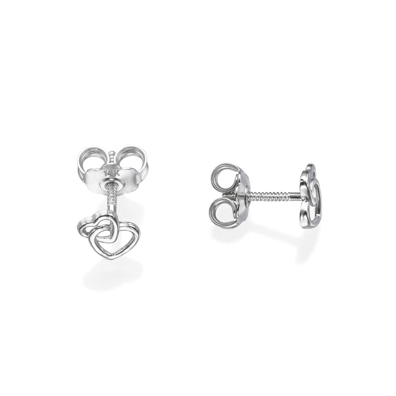 עגילים צמודים מזהב לבן 14 קראט - לבבות משולבים עגילים צמודים מזהב לבן 14 קראט - לבבות משולבים