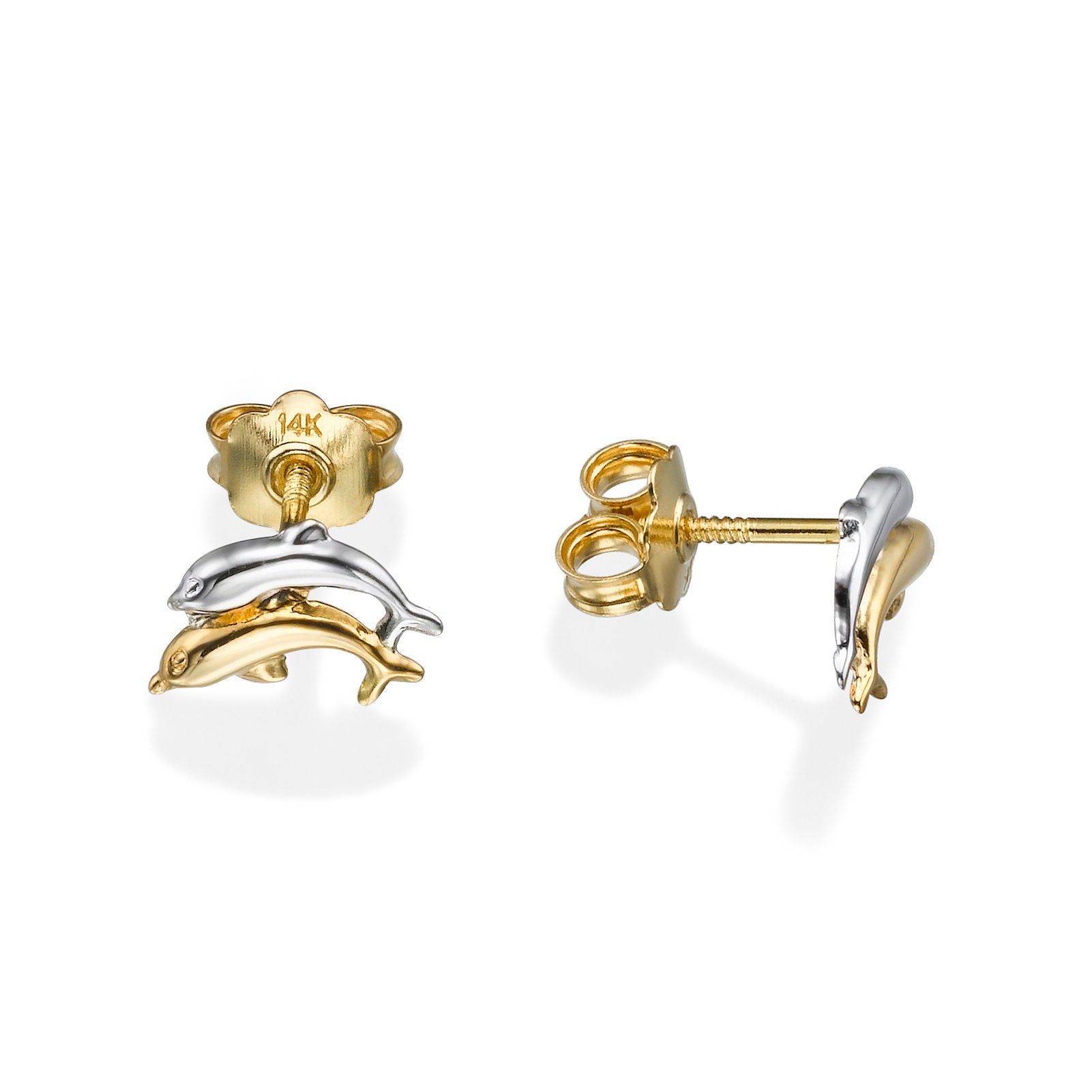 עגילים צמודים מזהב צהוב ולבן 14 קראט - דולפינים מזנקים עגילים צמודים מזהב צהוב ולבן 14 קראט - דולפינים מזנקים