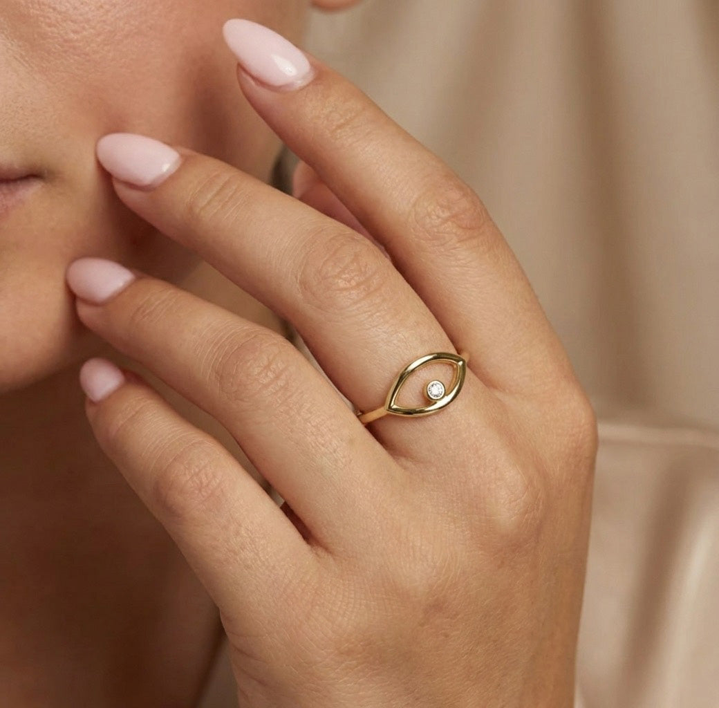 טבעת לנשים מזהב צהוב 14 קראט - עין מנצנצת טבעת לנשים מזהב צהוב 14 קראט - עין מנצנצת