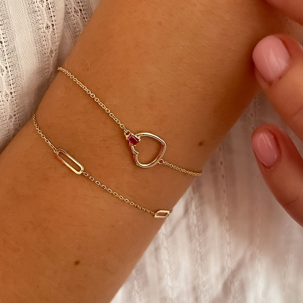 צמיד רובי מזהב צהוב 14 קראט - לב ג'ייד צמיד רובי מזהב צהוב 14 קראט - לב ג'ייד