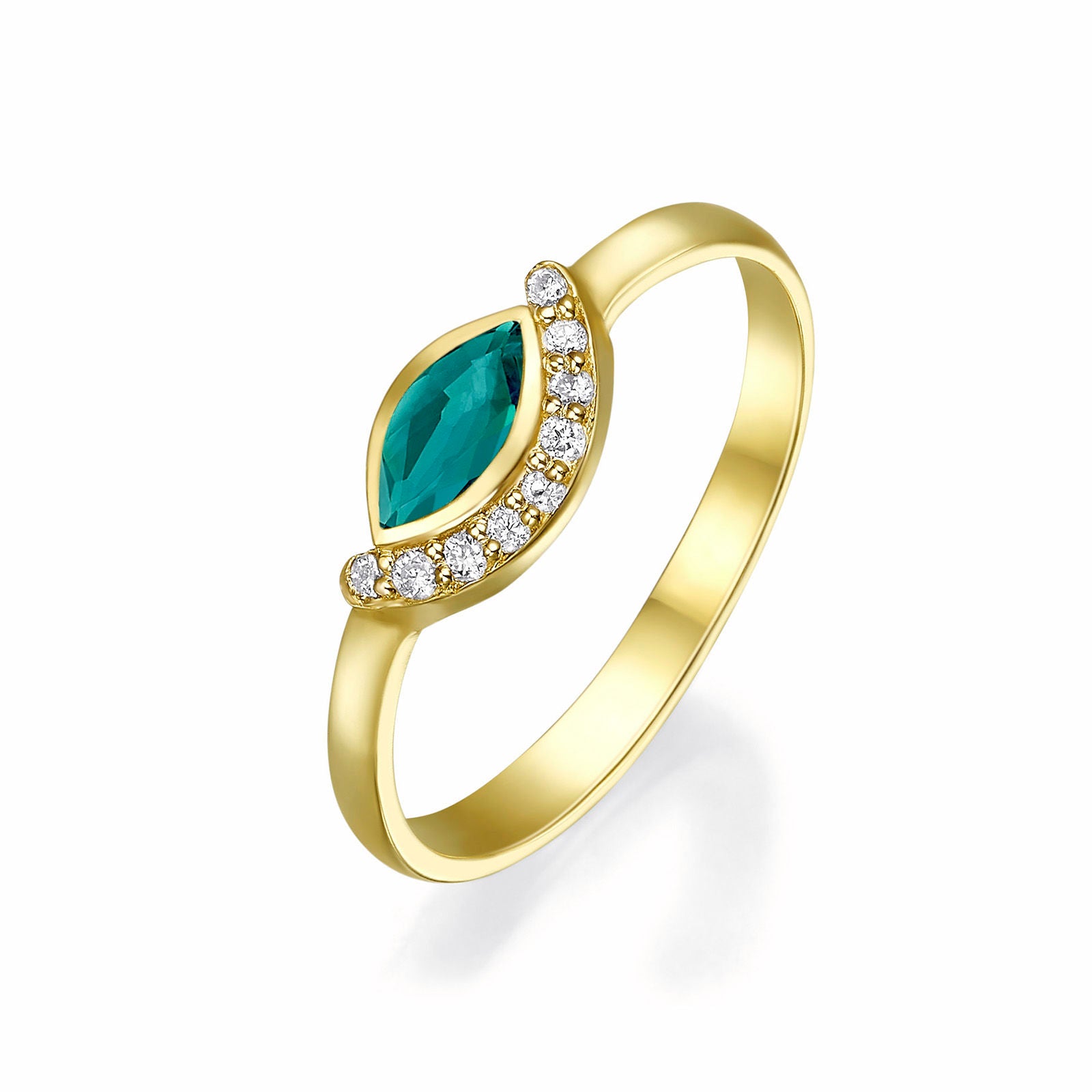 טבעת יהלומים ואבן חן אמרלד מזהב צהוב 14 קראט  - מואנה