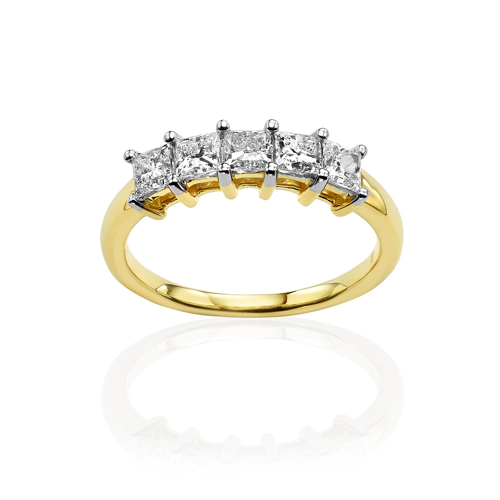 טבעת יהלומי מעבדה מזהב צהוב 14K -  שורה פרינסס 1 קראט