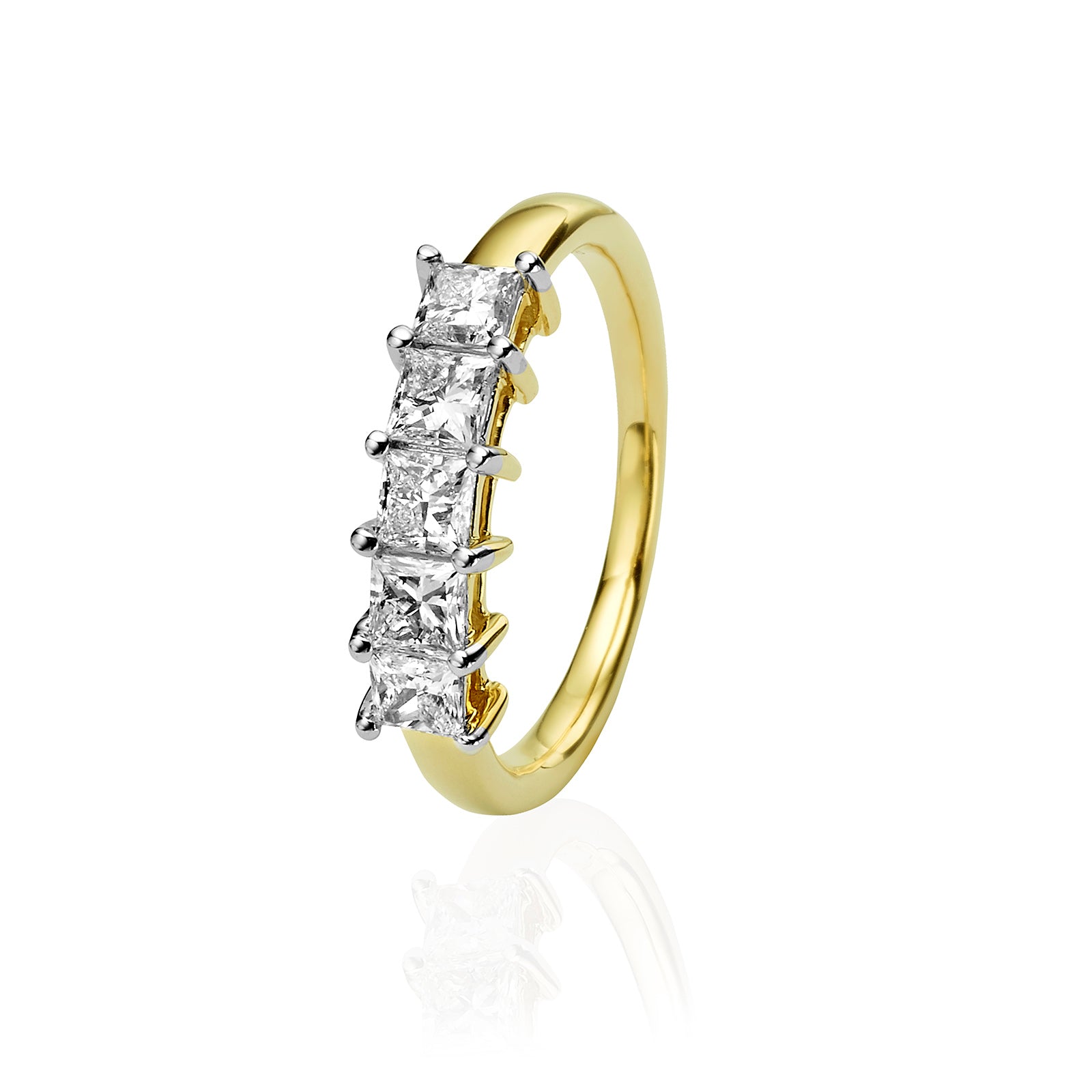 טבעת יהלומי מעבדה מזהב צהוב 14K -  שורה פרינסס 1 קראט
