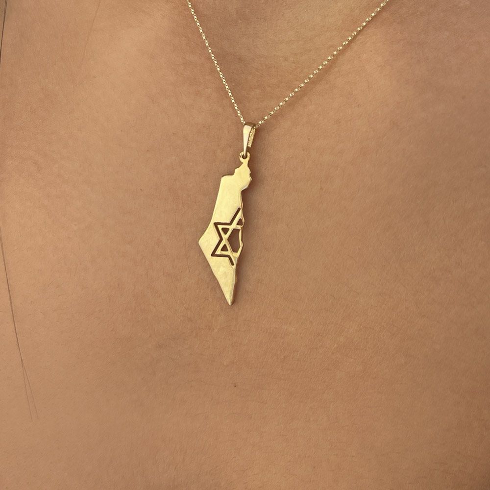 תליוני זהב | תליון ושרשרת מזהב צהוב 14 קראט - מפת ישראל מגן דוד