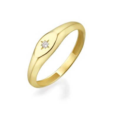 טבעת מזהב צהוב 14 קראט - חותם אליפסה מנצנץ