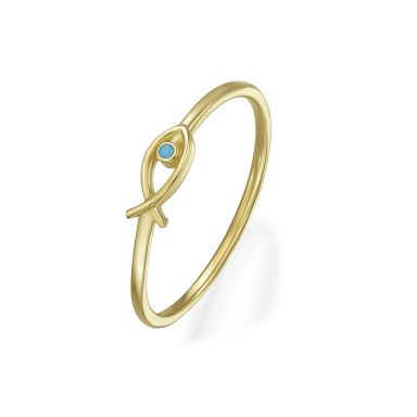 טבעת לנשים מזהב צהוב 14 קראט - דג זהב עין כחולה